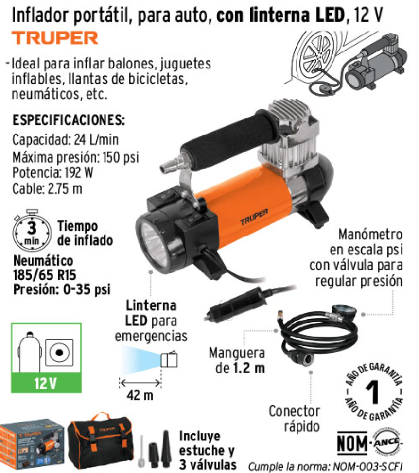 Inflador portatil para auto con literna LED 12V - Image 2
