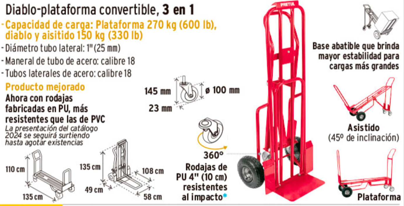 Diablo de carga convertible 3 en 1, 270kg, ruedas neumáticas - Image 2