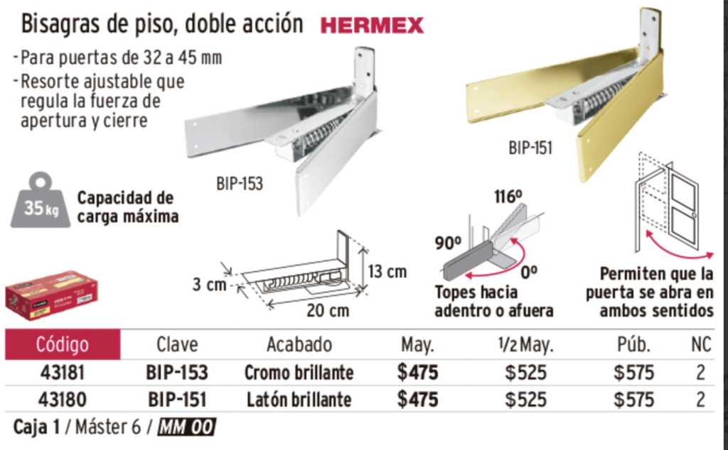 Bisagra de piso doble acción