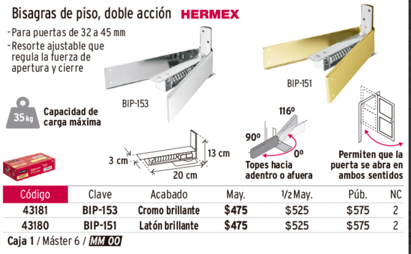 Bisagra de piso doble acción